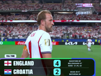 Harry Kane, jeden z bohaterów Anglików w meczu z Chorwacja (ekran TVP Sport).